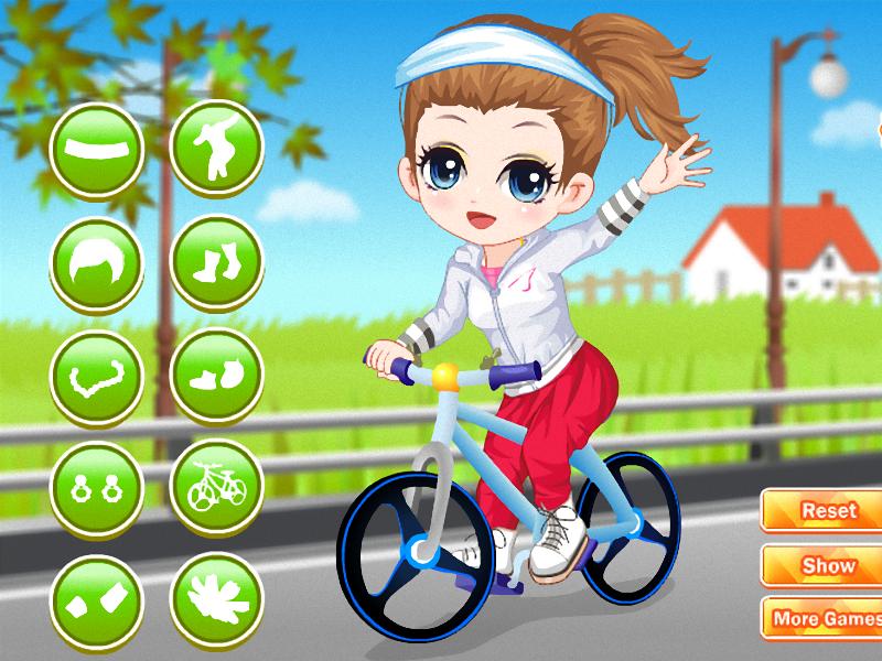 The little girl learn bicycle