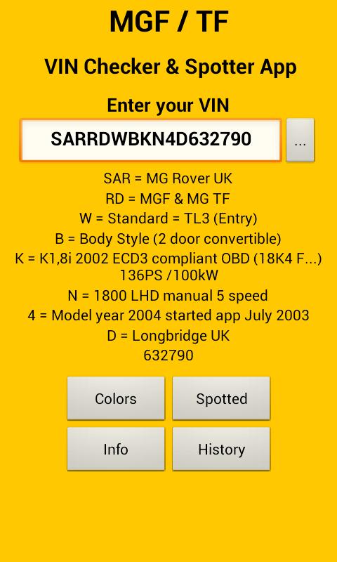 MGF/TF VIN Check & Spotter App